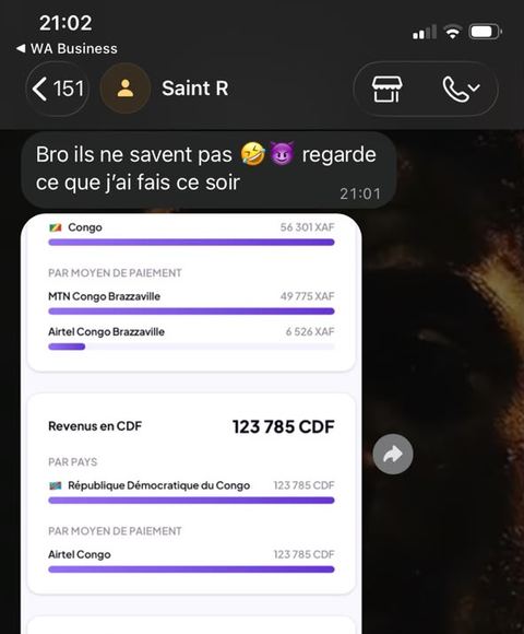 Revenus d'un élève en une soirée, payés par Mobile Money au Congo et en RDC