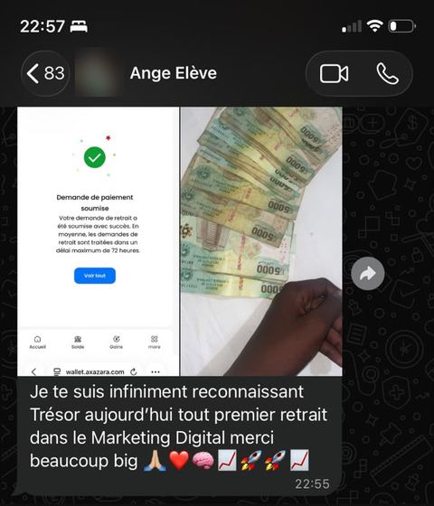 Message d'un élève après son premier retrait dans le marketing digital
